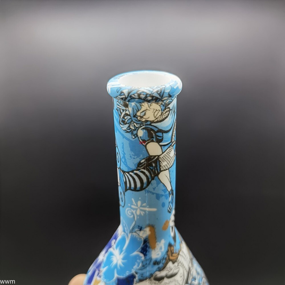 4.7 Inch Silicone Hookah Smoking Water Pipe Bule Printed Bong W/ 14mm Glass Bowl
