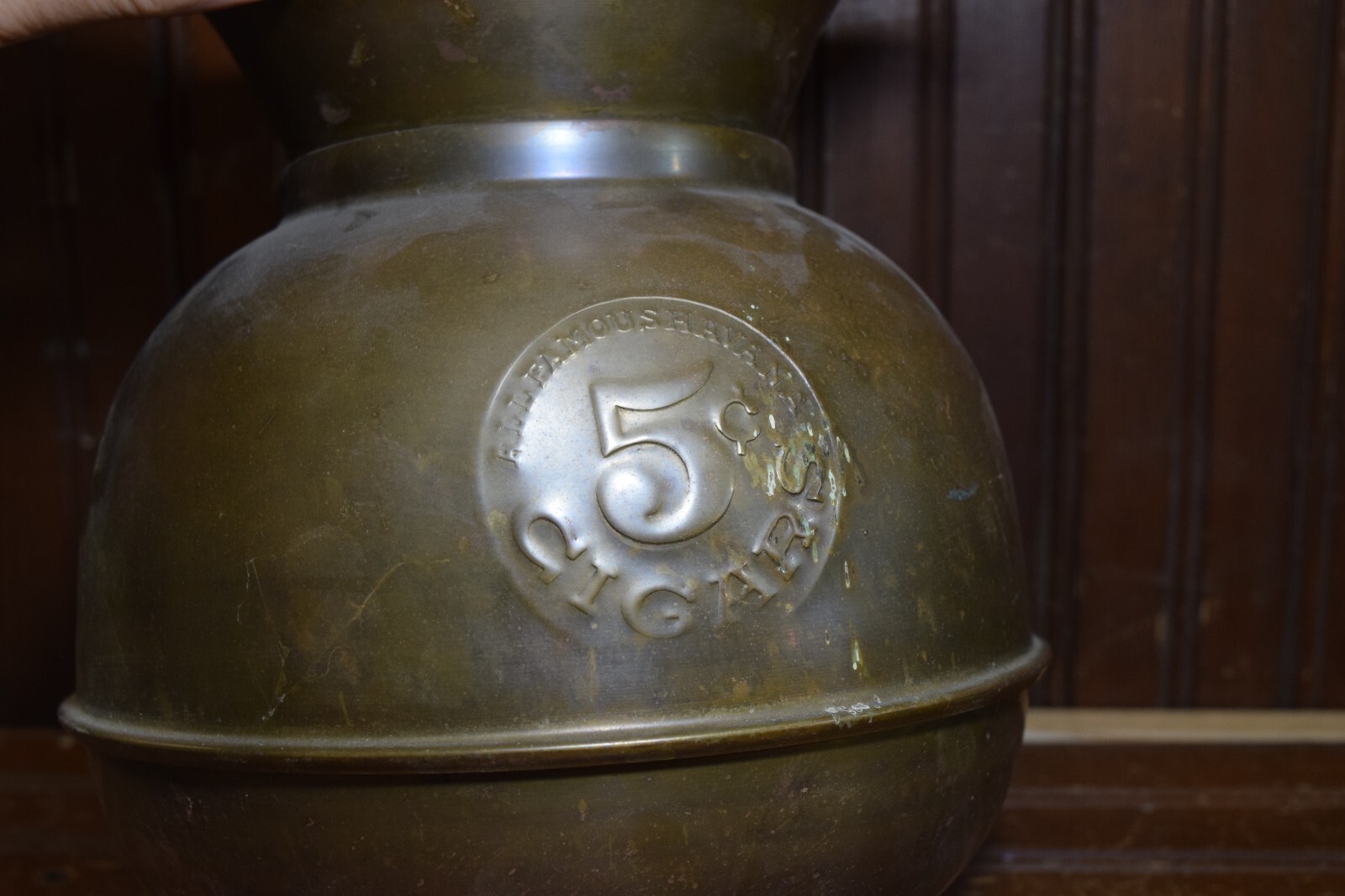 BRASS METAL SPITOON RAILROAD BARALL FAMOUS HAVANA CIGARS 1930s VINTAGE 5 CENTS