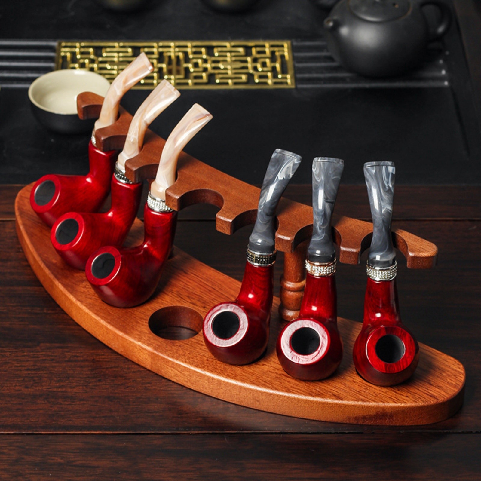 7 Pipe Wooden Tobacco Pipe Stand Rack Display Holder Detachable Wood Organizer
