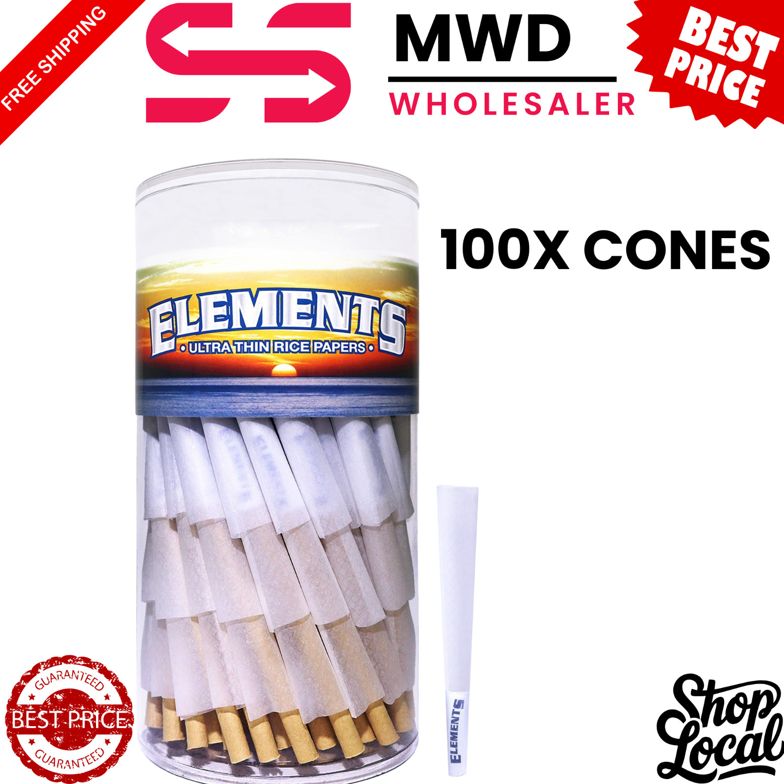 Elements Ultra Thin 1 1/4 Pre-Rolled Cones 100 Pack with Tips Slow Burning,