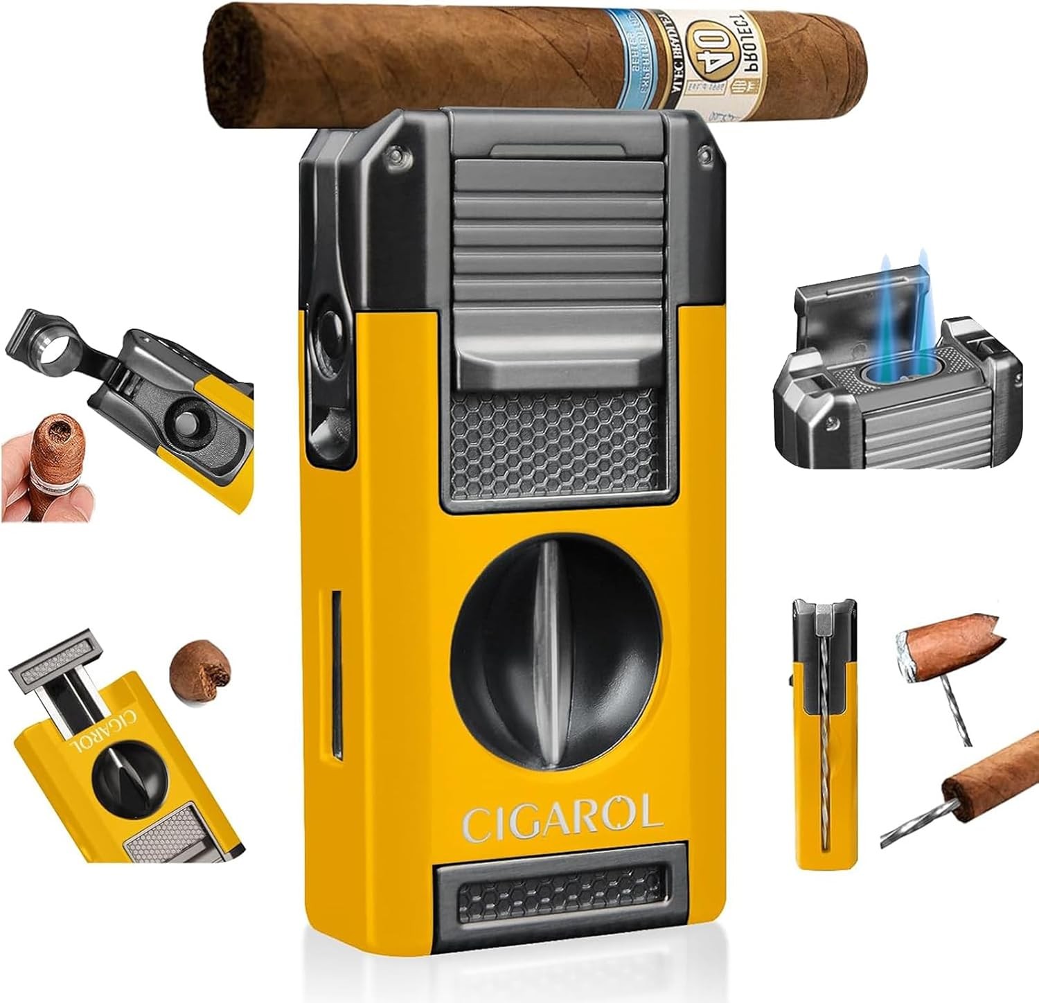 5-in-1 Cigar Lighter with Double Jet Flame, V-Cutter, Punch, Draw Enhancer & Cig
