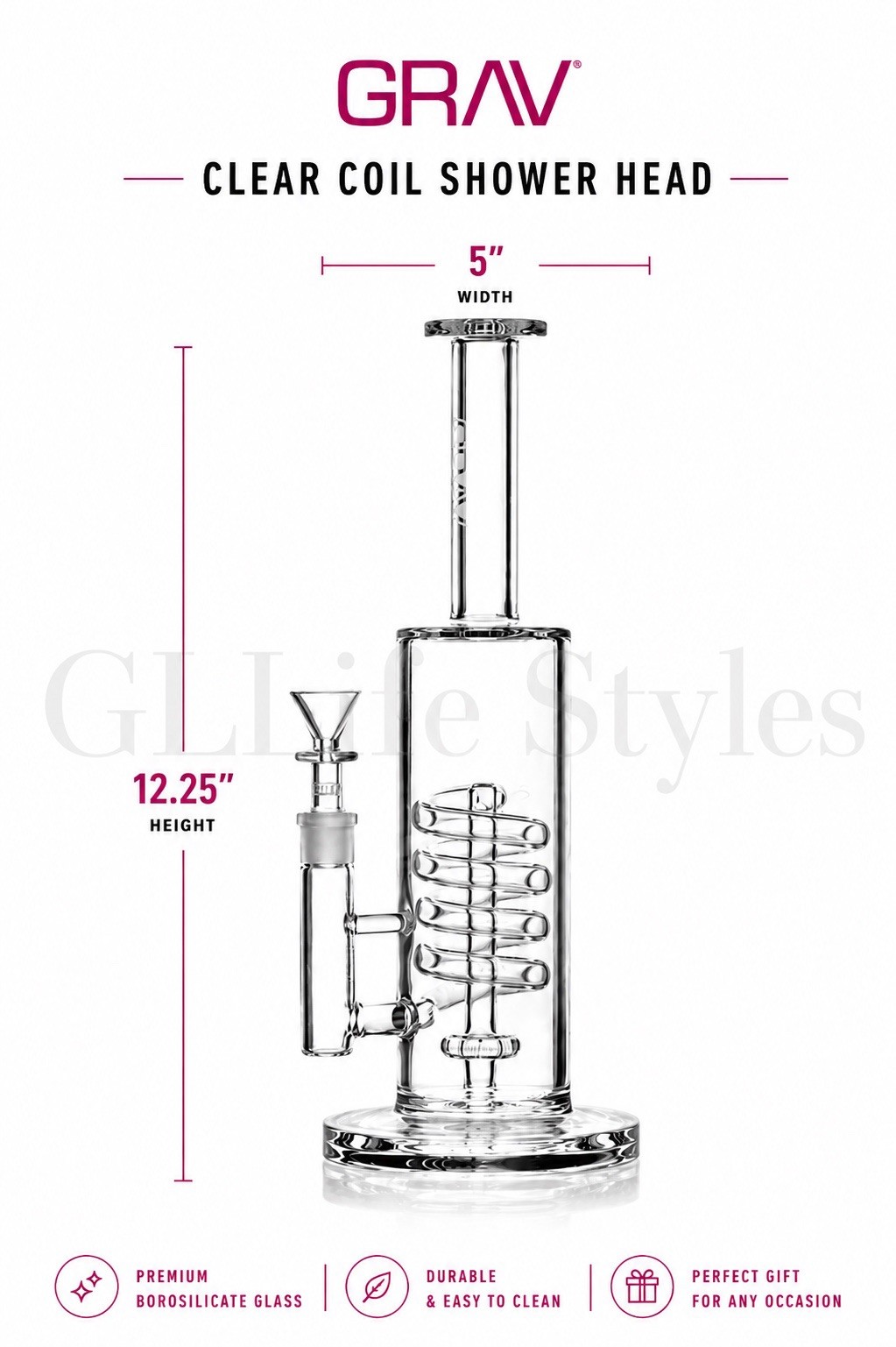 GRAV® CLEAR COIL SHOWERHEAD WATER PIPE, HOOHAH, Bong, Thick Glass Coils, Classy
