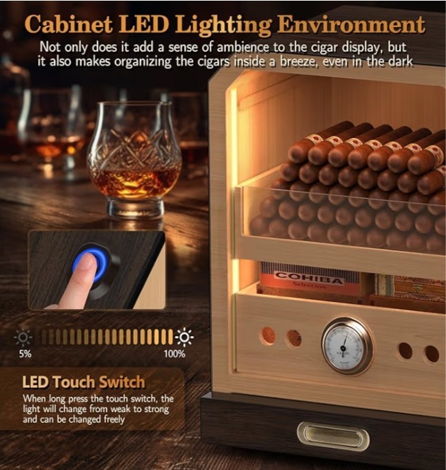 Luxury Cigar Humidor, Lighted Control Magnetic Door Desktop Cabinet
