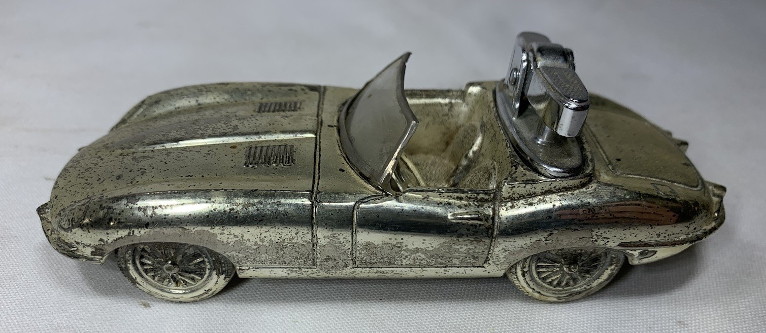 Vintage 1960s Cast Metal Jaguar E-Type Tabletop Lighter 4.5” Patina