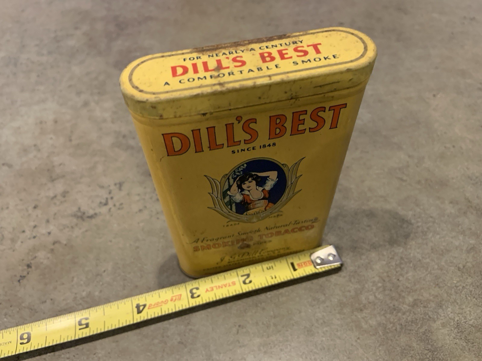 Vintage JG Dill’s Best Vertical Pocket Empty Tobacco Tin With Paper Ad