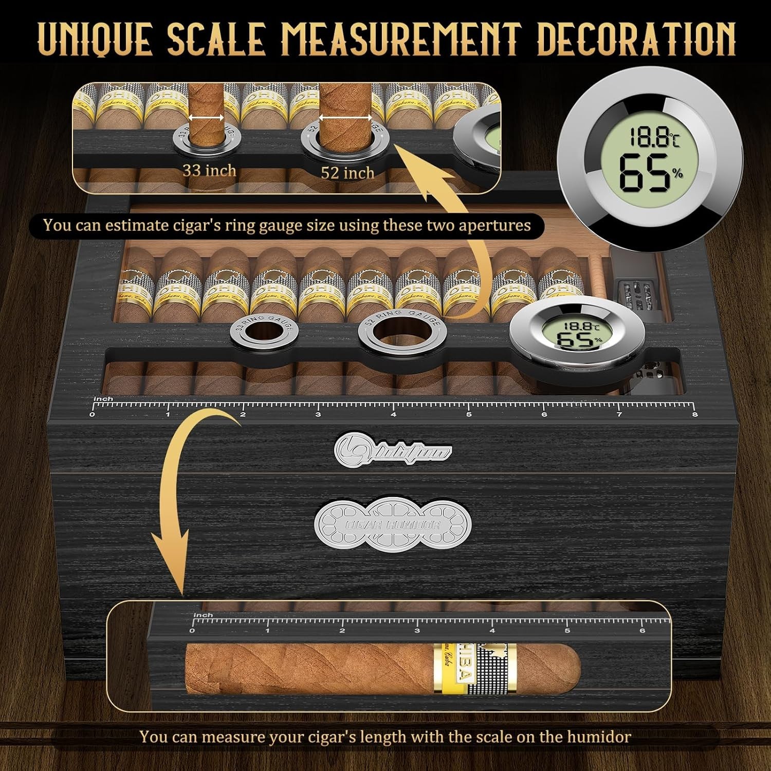 Cedar Wood Cigar Humidor Glass Top Desktop Box Digital Hygrometer Humidifier