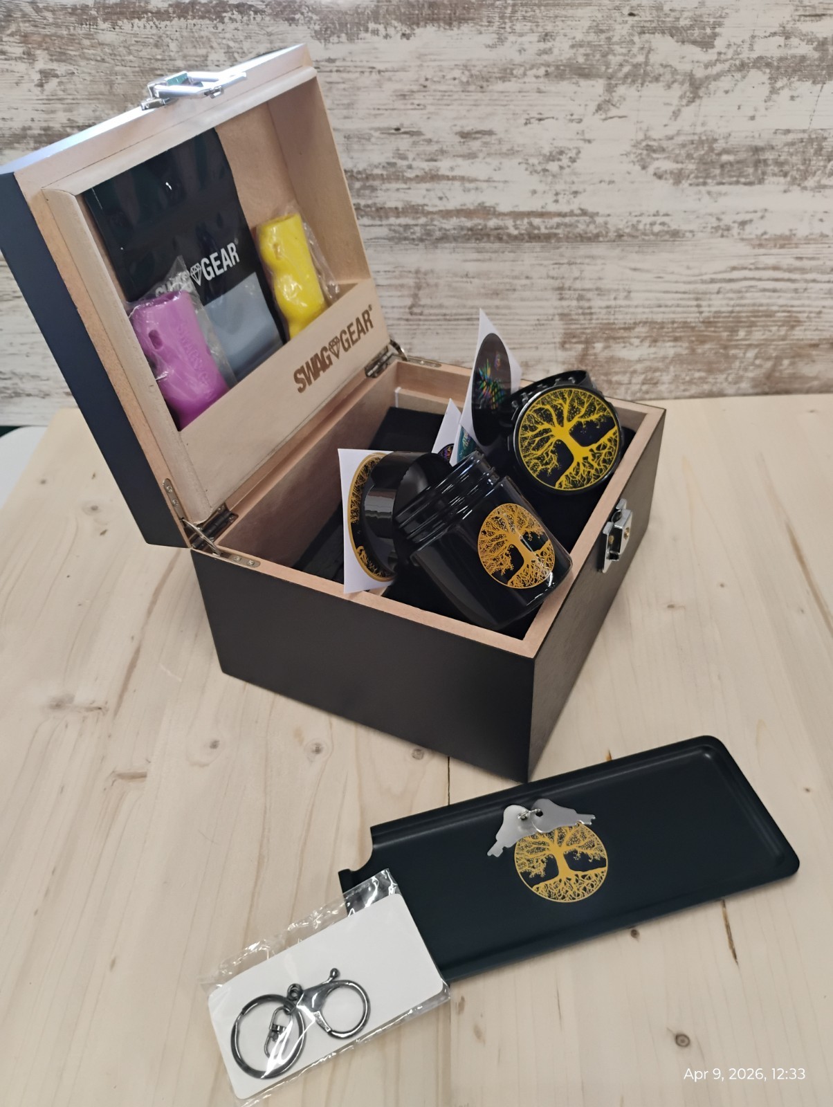 Large wooden Tree Of Life Stash box with rolling tray and accessories