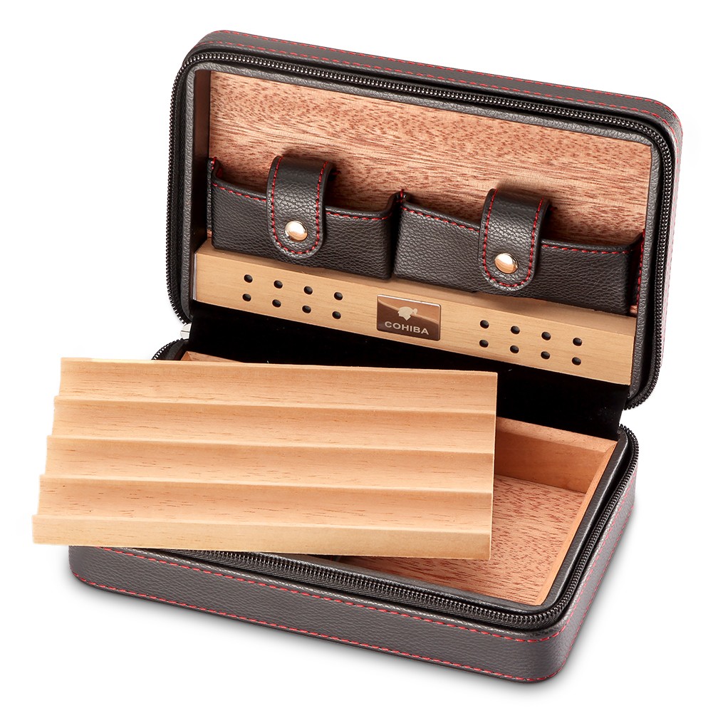 Cigar Case Portable Cedar Wood Leather Cohi Travel Humidor Box 4 Cigars Black
