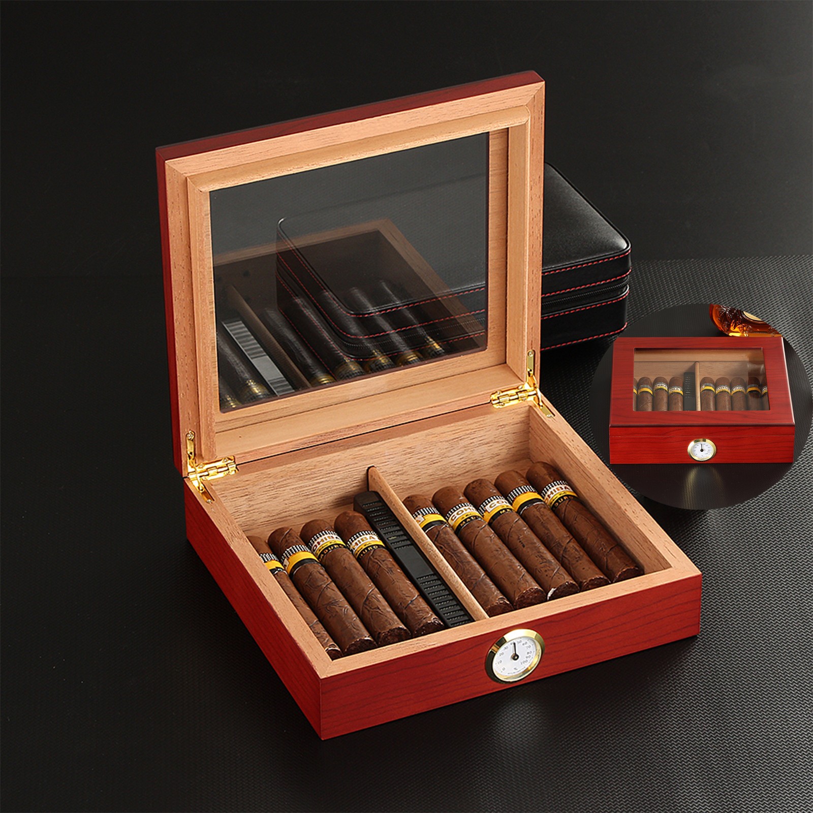 Red Holder 25 Cigar Humidor Storage Box Desktop Glasstop Humidifier Hygrometer