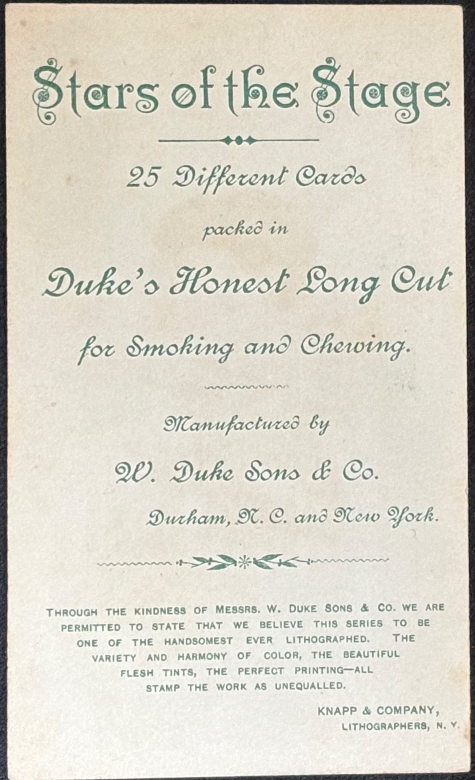 Duke’s Honest Long Cut STARS OF THE STAGE Tobacco Card~Actress w Long Blond Hair