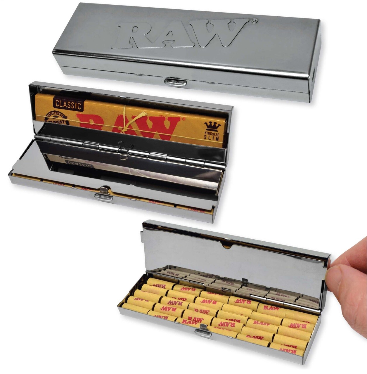 RAW Metal Storage Case – Holds King Size Rolling Papers& up to 30 PreRolled Tips