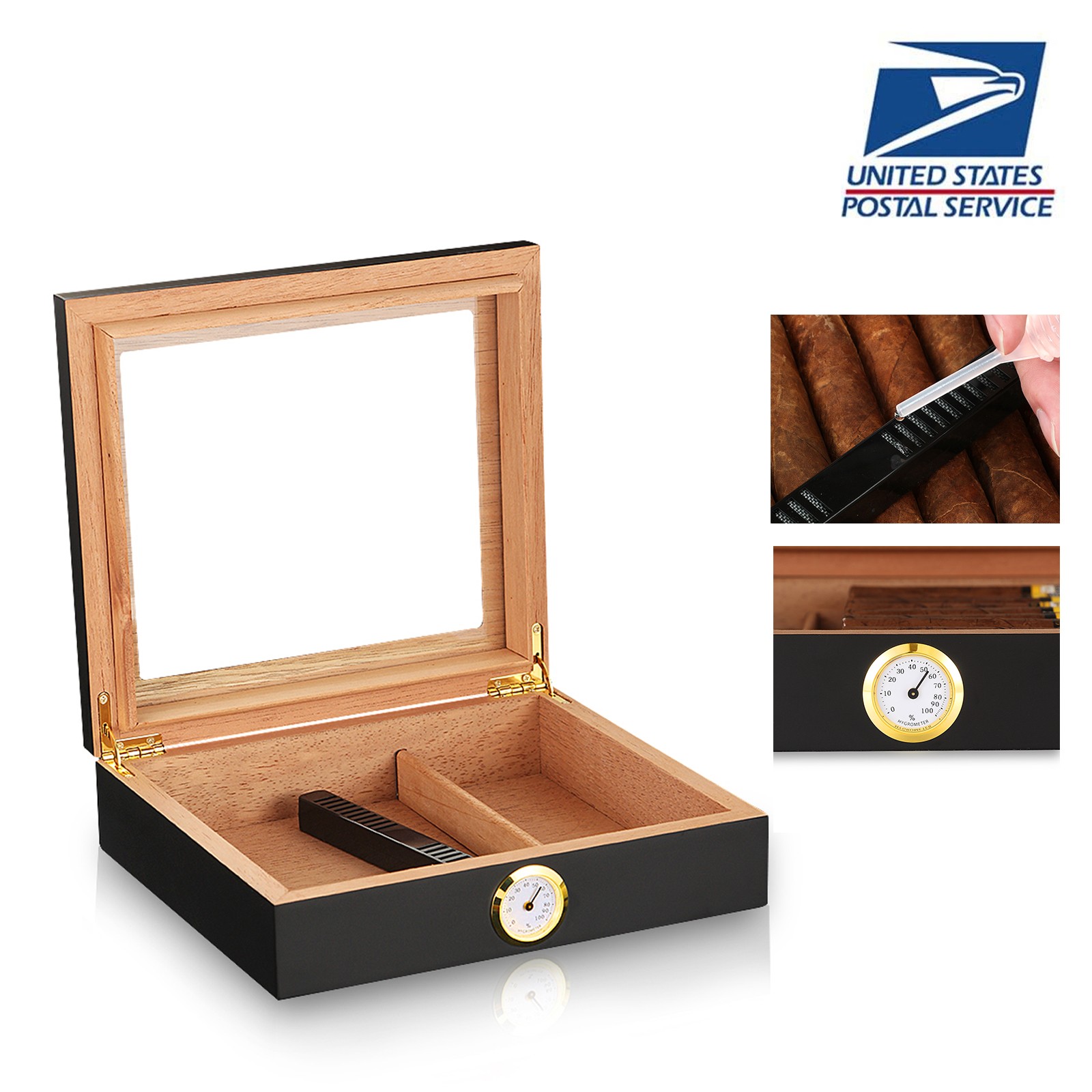 20-30CT Humidor Cigar Case Cedar Wood Glasstop Storage Box Humidifier Hygrometer