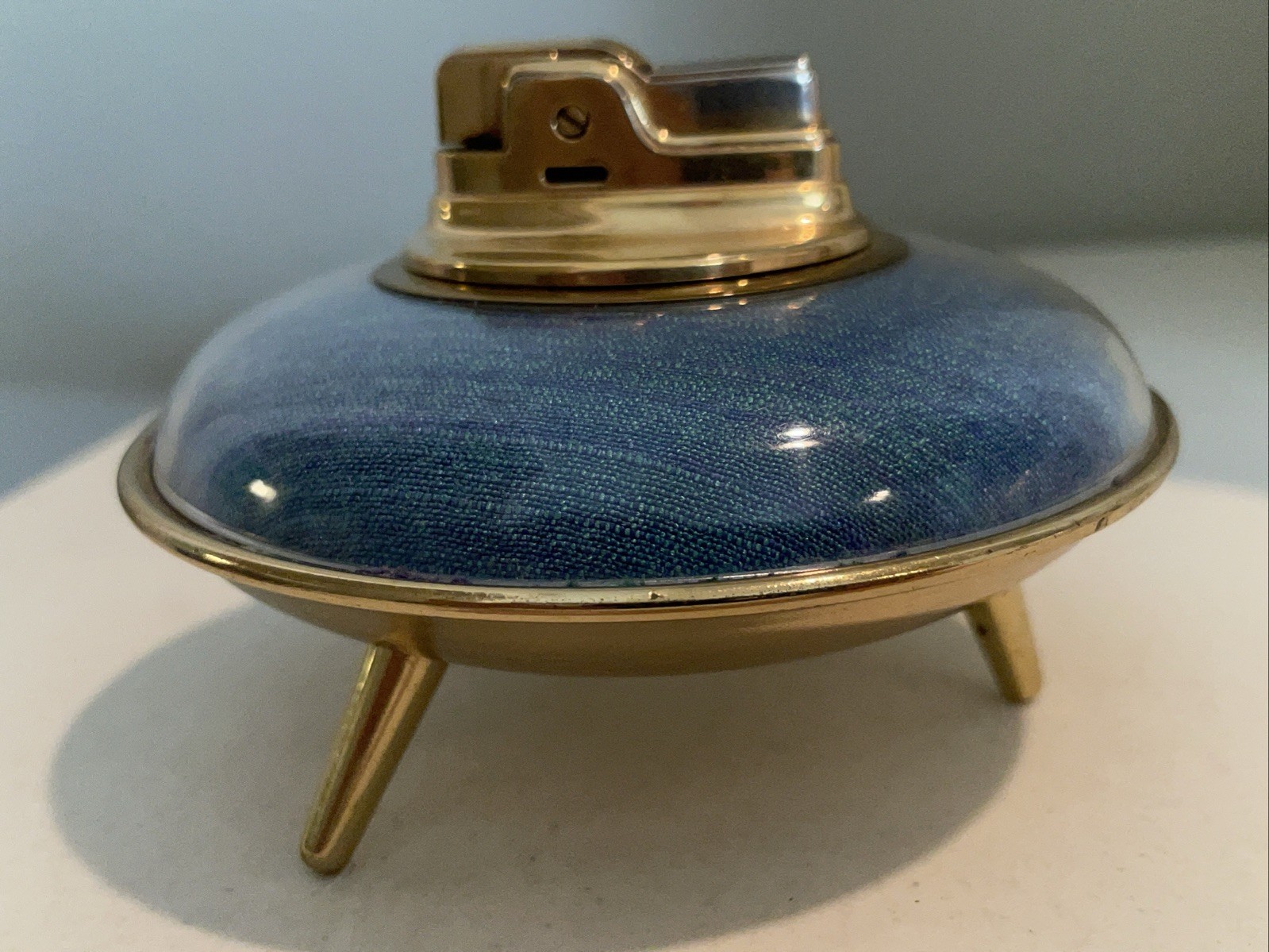 Vintage Ronson UFO Atomic Flying Saucer Brass Blue Table Lighter Mid Century MCM