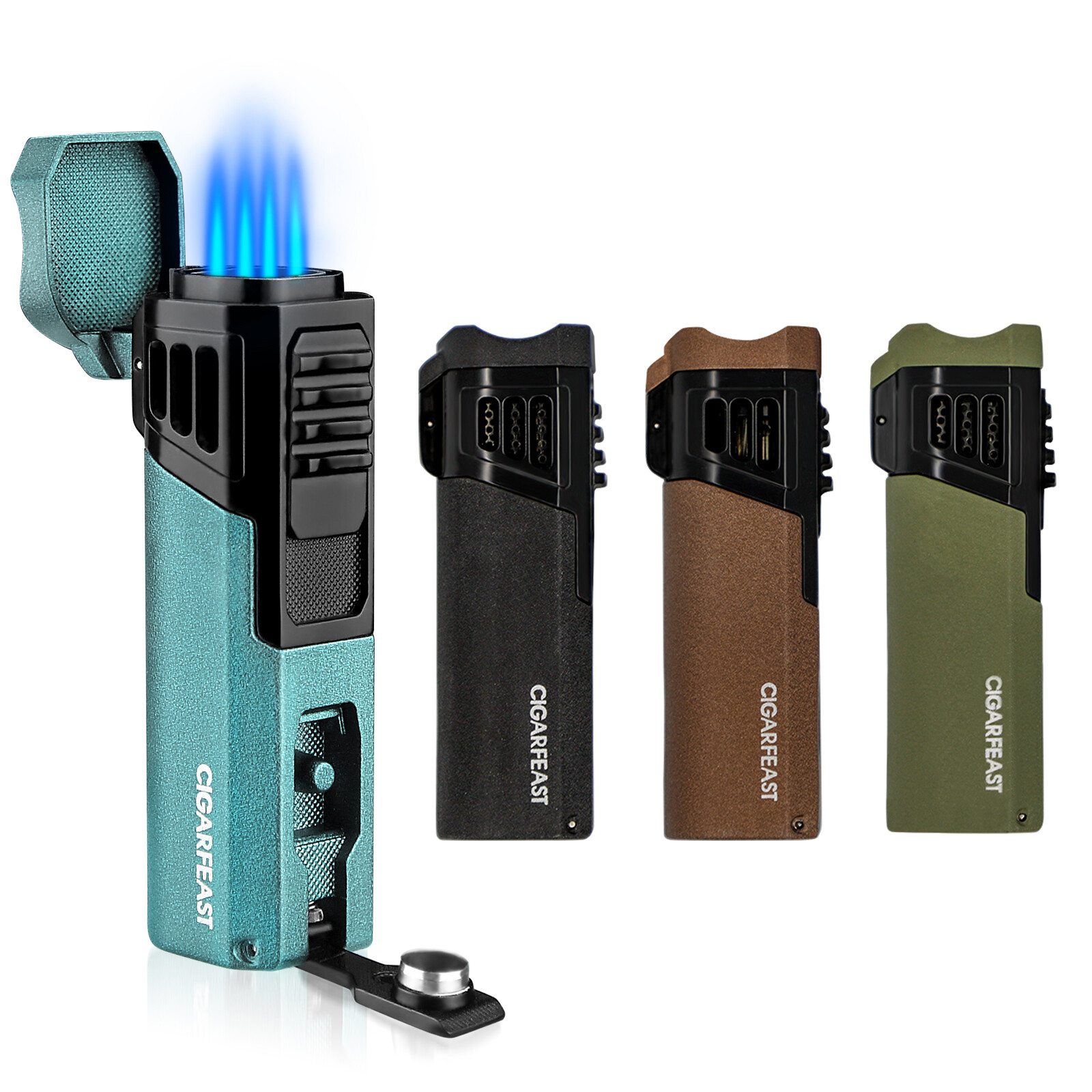 Quad 4 Jet Flame Torch Lighter Refillable Butane Cigar Lighter with Punch Stand