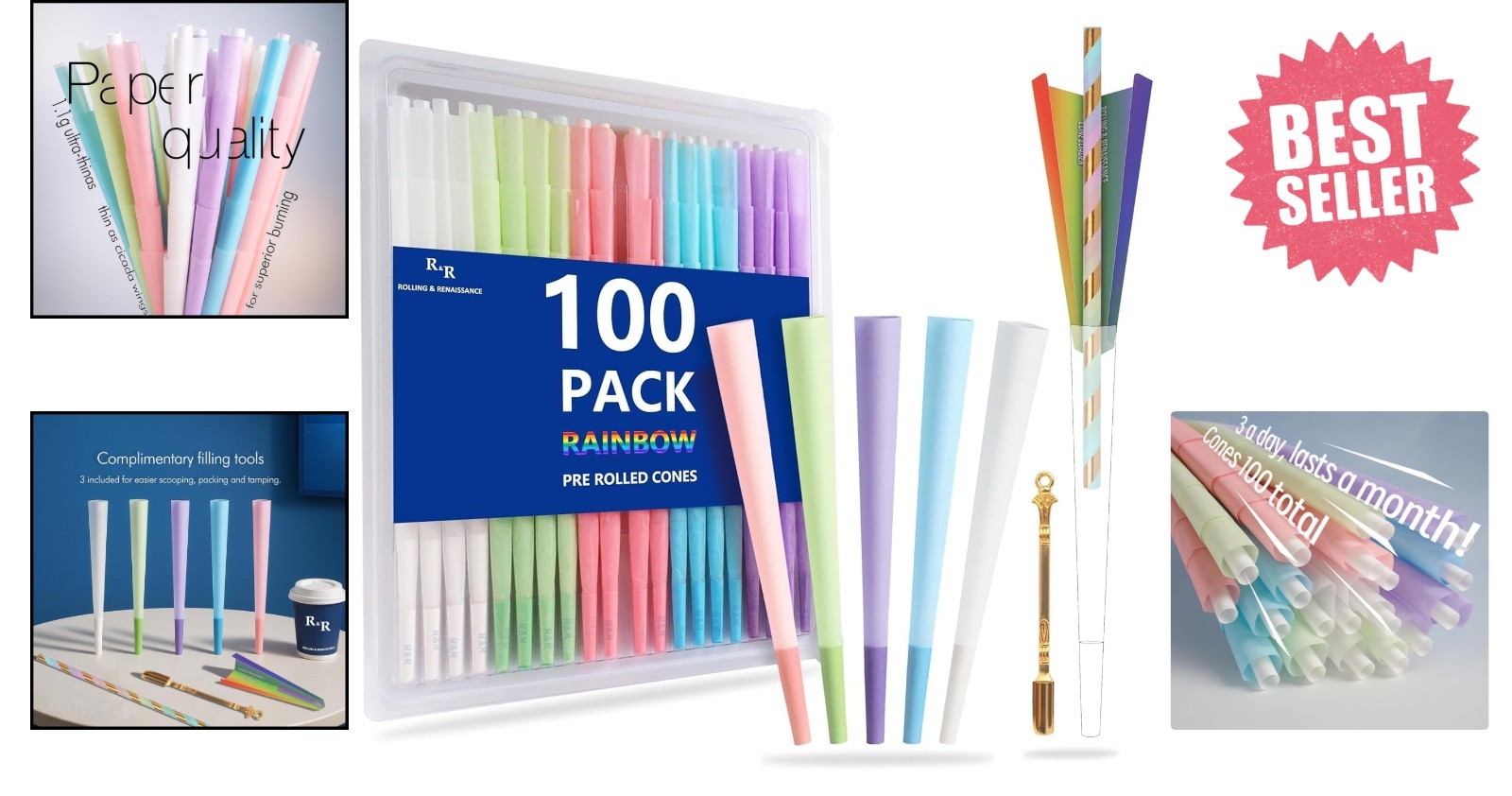 100 Pack Colorful Rolling Papers Pre Rolled Cones King Size – 108mm King Size…