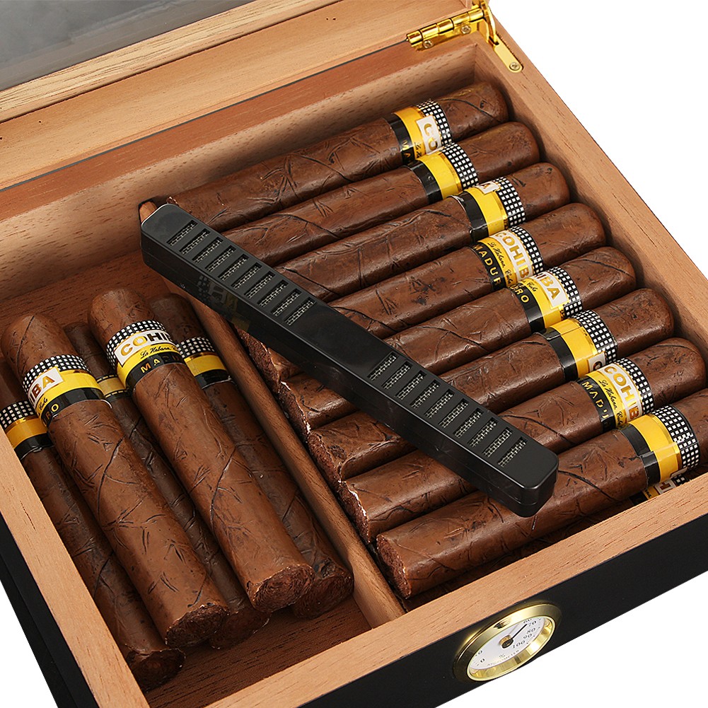 20 Cigars Humidor Storage Box Desktop Glasstop Humidifier Hygrometer Wood Box