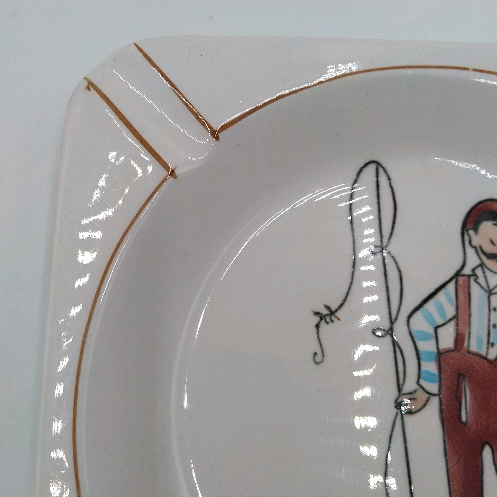 Gay Ninety’s Dandy Fishing Gentleman Man Ceramic Ashtray MCM Vintage