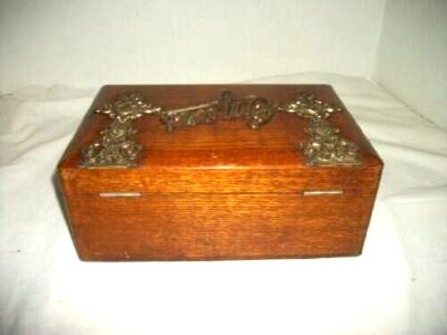 Victorian Oak Bronze Cigar Box Humidor Art Nouveau Face Hardware English 1870s