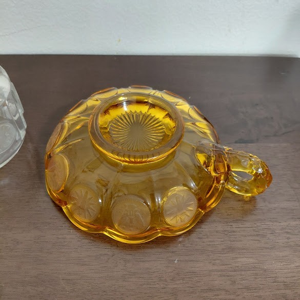 2ct Vintage Fostoria Crystal Glass Frosted Coin Clear Cruet & Amber Nappy