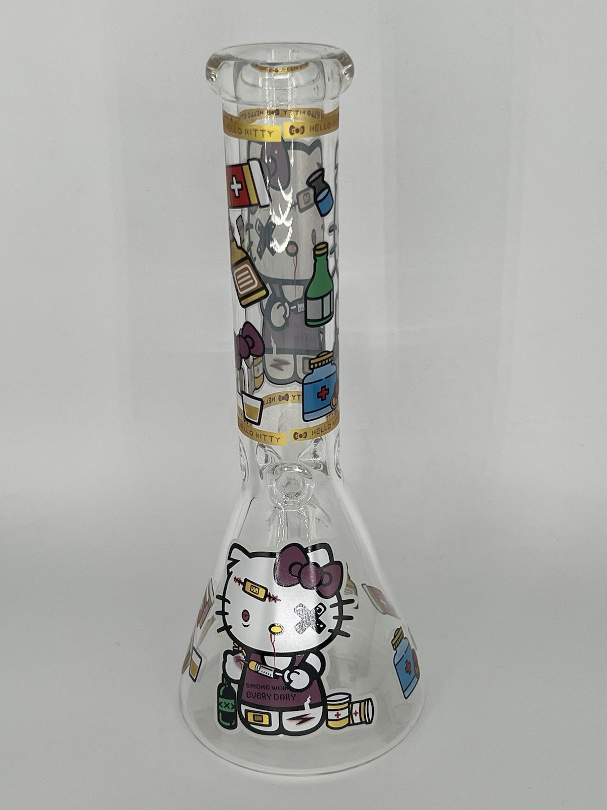 10” GLOW N DARK HELLO KITTY BONG X OVER EYE ICE CATCHER 14mm BOWL 2 FREE GIFTS