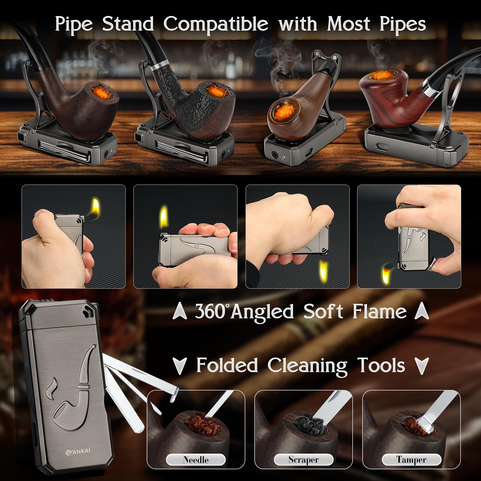 Pipe Set, Lighter, Pouch, Wood with 2 Filter Balls,2 Black