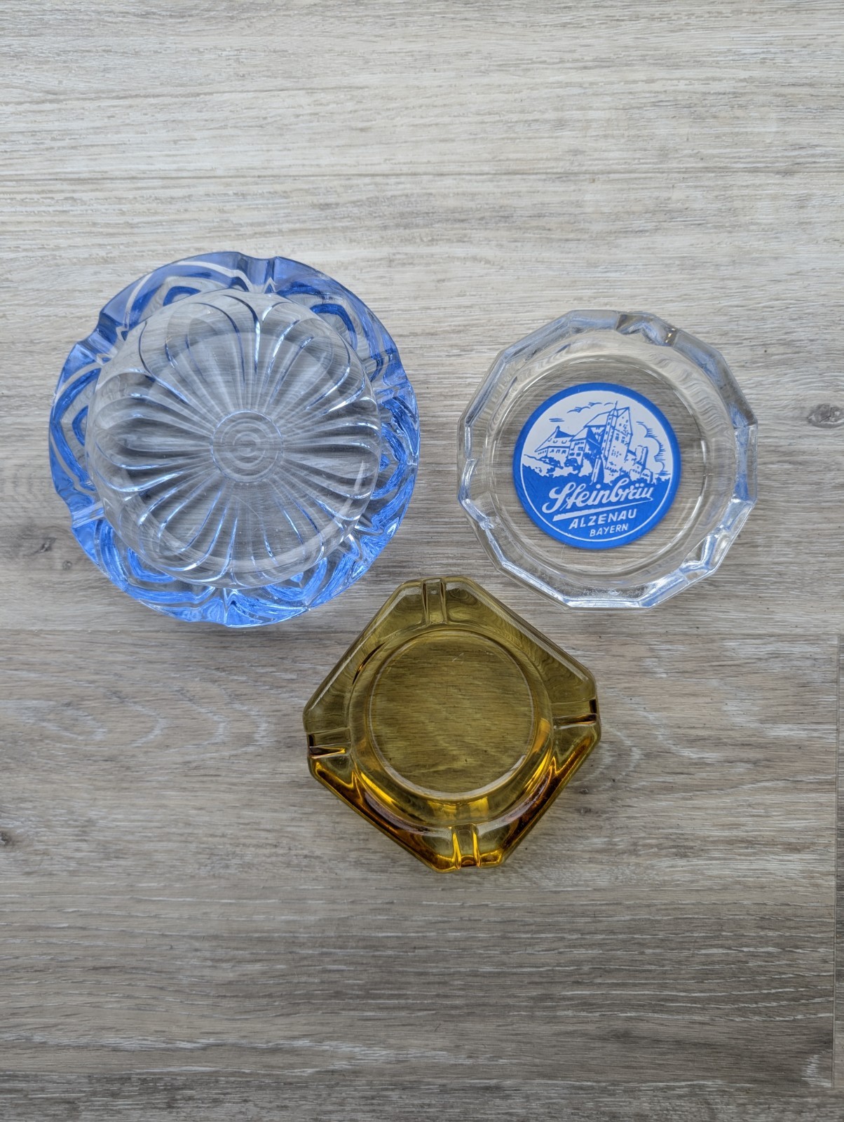 Lot of 3 Vintage Glass Ashtrays Cigarette Smoking Round MCM blue Amber clear