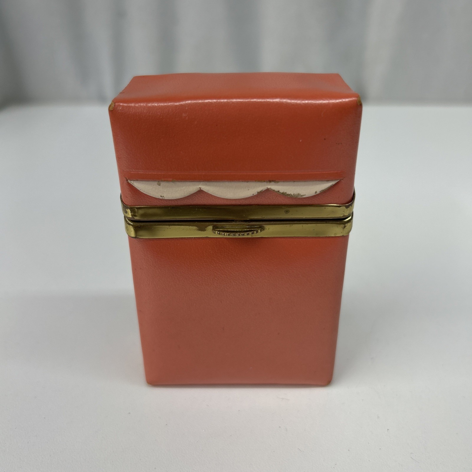 Vintage Buxton Cigarette Case Leather? Coral Color Gold Trim Flip Top