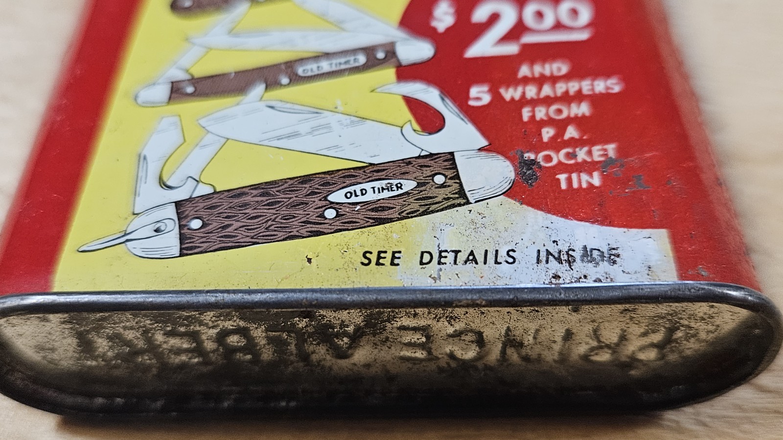 Vtg RJ Reynolds Tobacco Co Prince Albert Pocket Tin Old Timer Knives Ad on Side