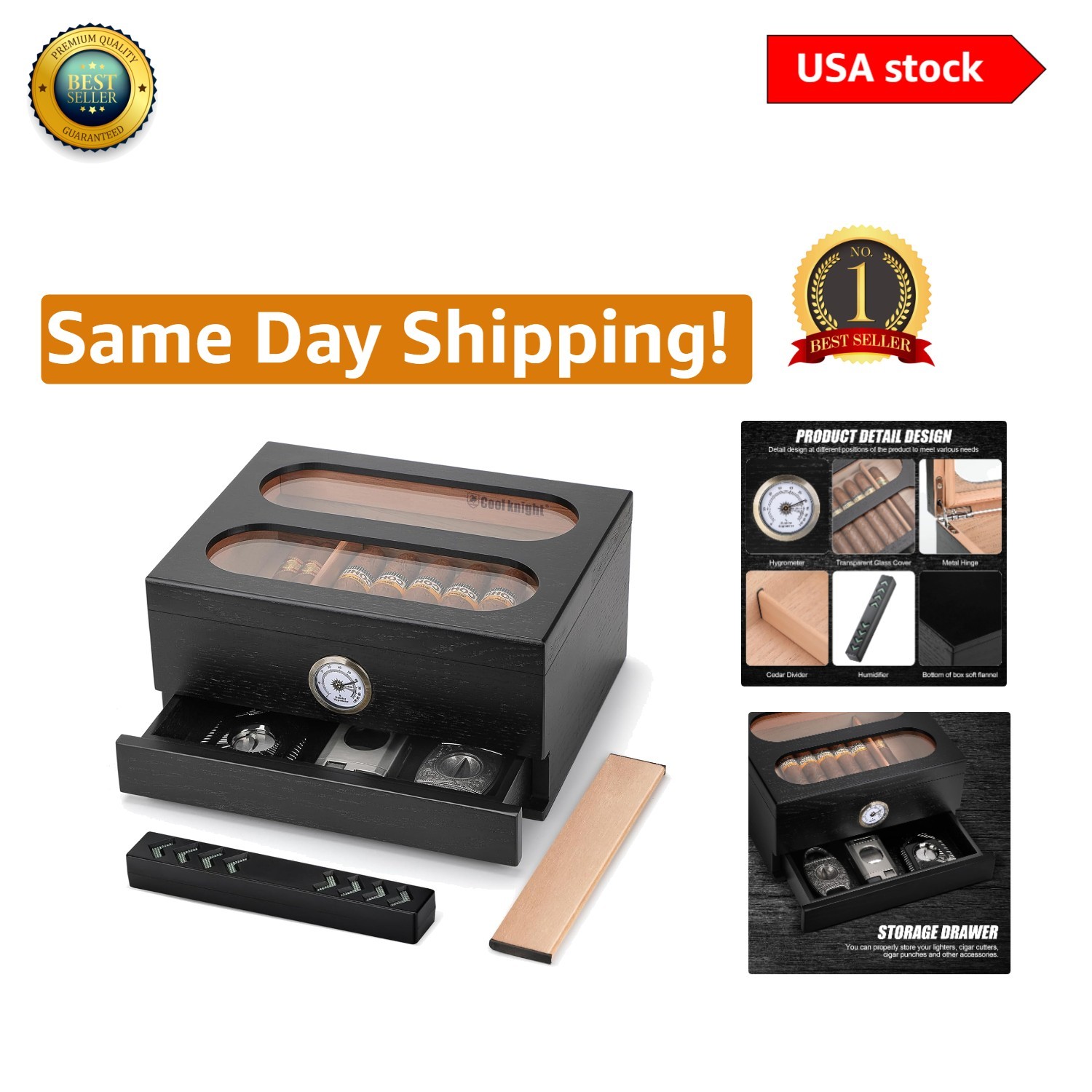 Spanish Cedar Cigar Humidor – Glass Top & Humidifier for 20-35 Cigars