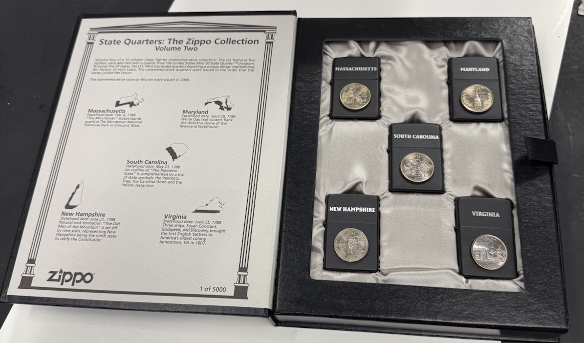 ZIPPO 2000 STATE QUARTERS VOLUME 2 LIGHTERS SET OF 5 LTD ED SEALED IN BOX #553