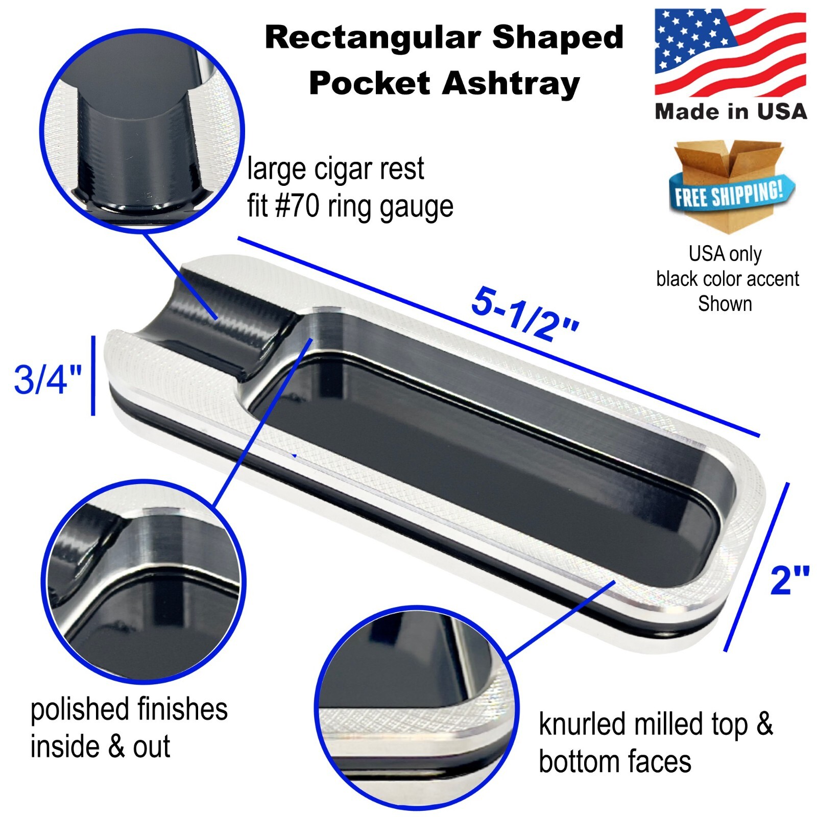 Rectangular Pocket -Travel Cool Single Cigar Ashtrays – Aluminum – CNC Machined
