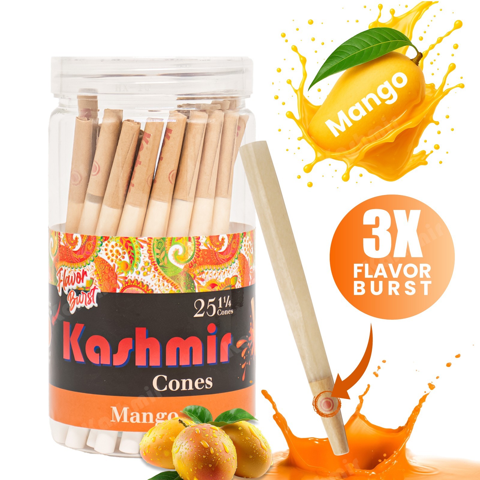 Pre Rolled Cones 1-1/4 Size Mango Flavored Rolling Paper Cones 25 Ct by Kashmir