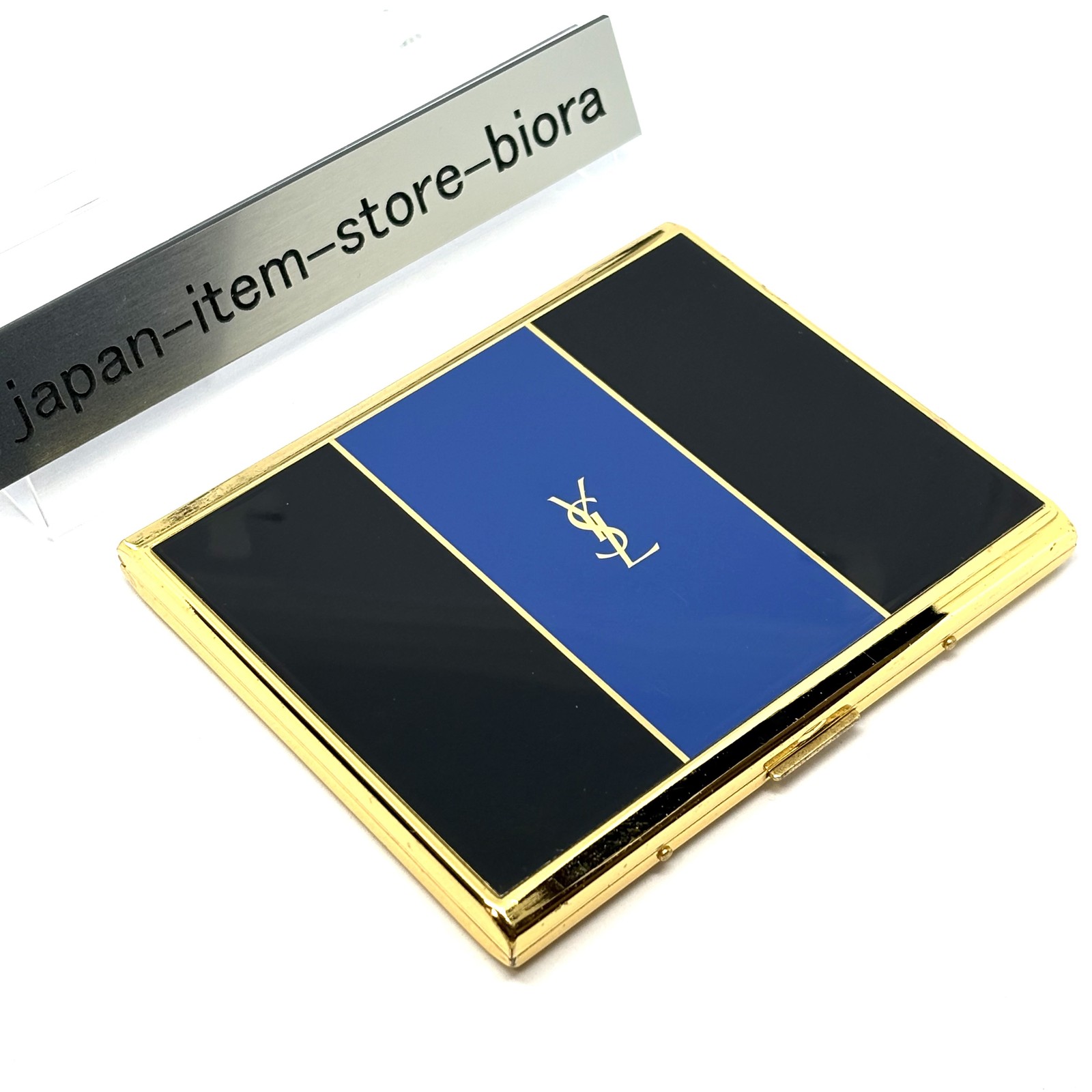 YVES SAINT LAURENT YSL Logo Vintage Cigarette Holder Card Case Black Blue 3