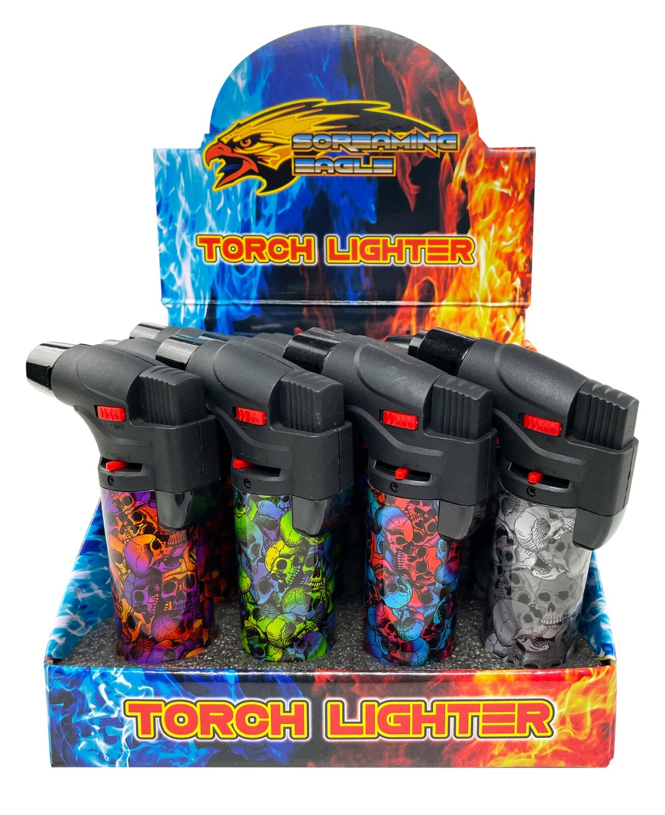 4 Pack Jumbo 4″ Single Jet Flame Torch Gun Lighter Refillable Lockable Skull