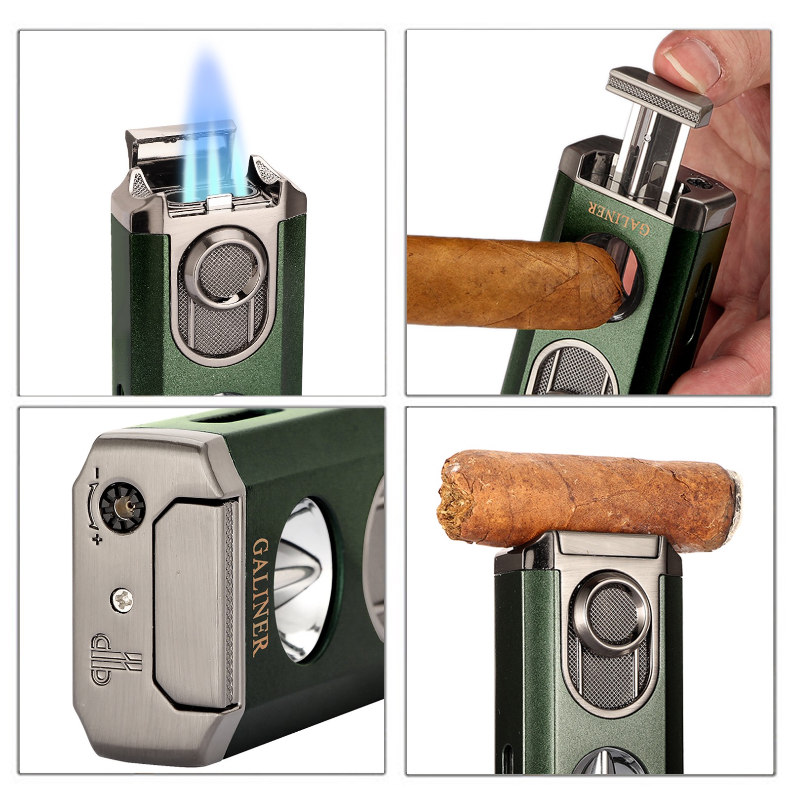 Galiner Travel 3 Jet Flame Torch Cigar Lighter Stainless V-Cutter Green Holder