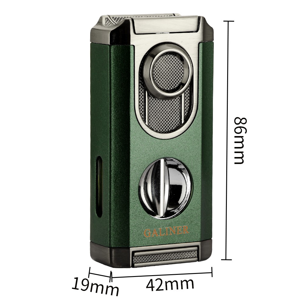 Galiner Travel 3 Jet Flame Torch Cigar Lighter Stainless V-Cutter Green Holder