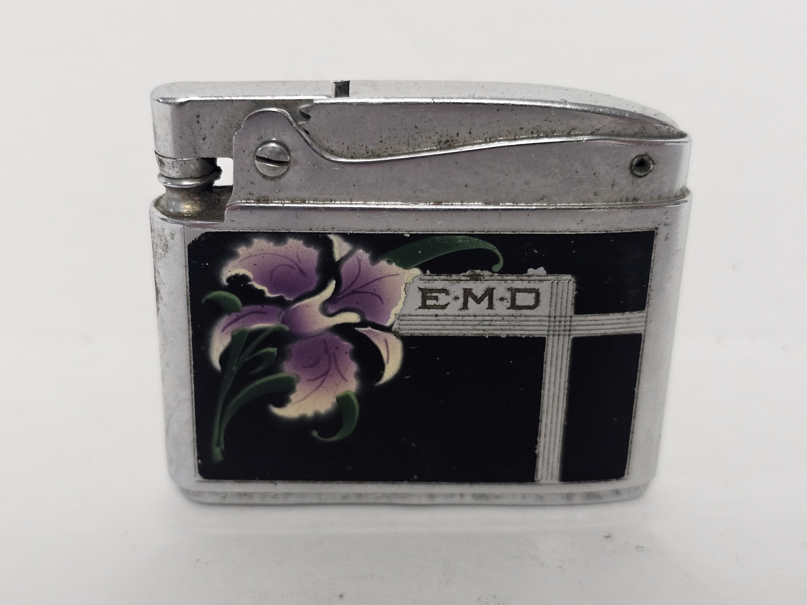Vintage Ronson NJ Adonis Purple Floral Chrome Black Lighter Engraved
