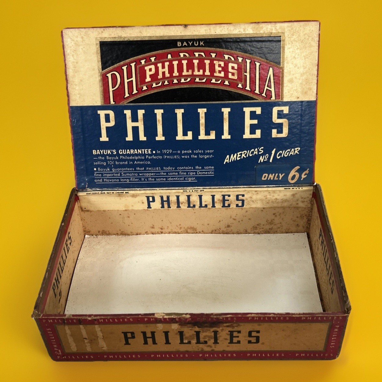 Vintage Bayuk Philadelphia Phillies Perfecto Cigar Box EMPTY 1935 It’s Ripe Art