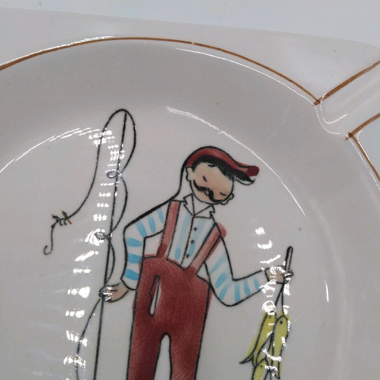 Gay Ninety’s Dandy Fishing Gentleman Man Ceramic Ashtray MCM Vintage