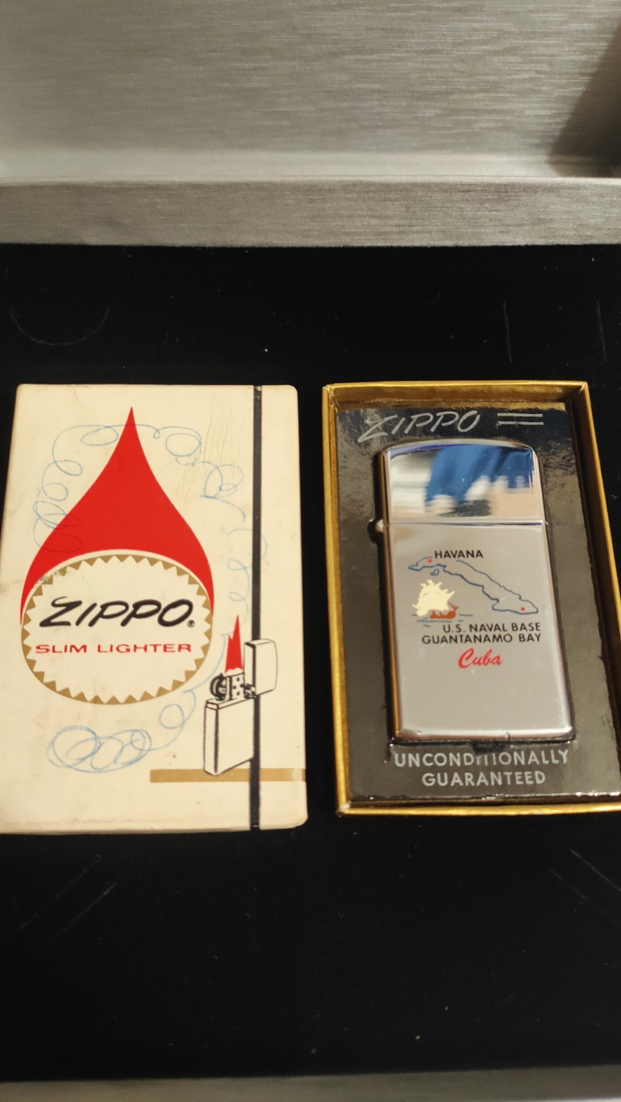 ZIPPO 1974 US Naval Base Guantanamo Bay Cuba Slim Lighter. Polished Chrome. New