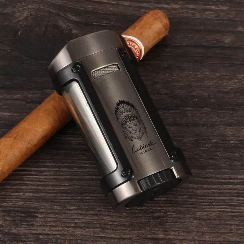 LUBINSKI Torch Cigar Lighter With Leather Case 4 Jet Flame Refillable Butane