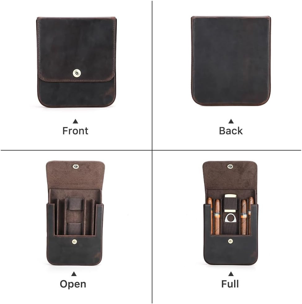 Portable 4 Slot Leather Cigar Case with Cutter & Lighter Organizer