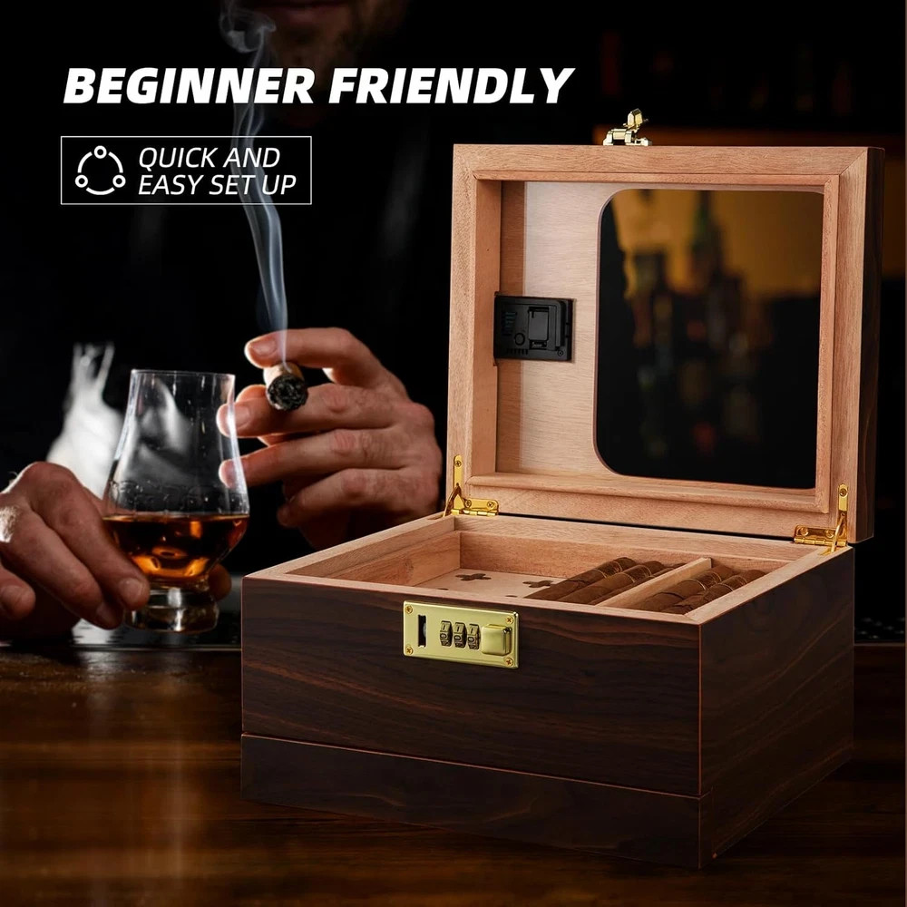 Cigar Humidor, Handcrafted Cedar Cigar Box, Glass Top Desktop Humidor with Digit