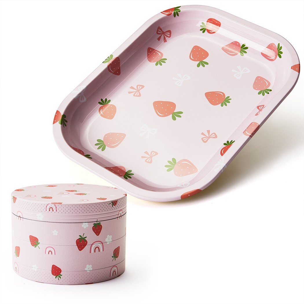 Strawberry Printing Rolling Tray Set with Grinder, Metal Rolling Tray Combo Kit