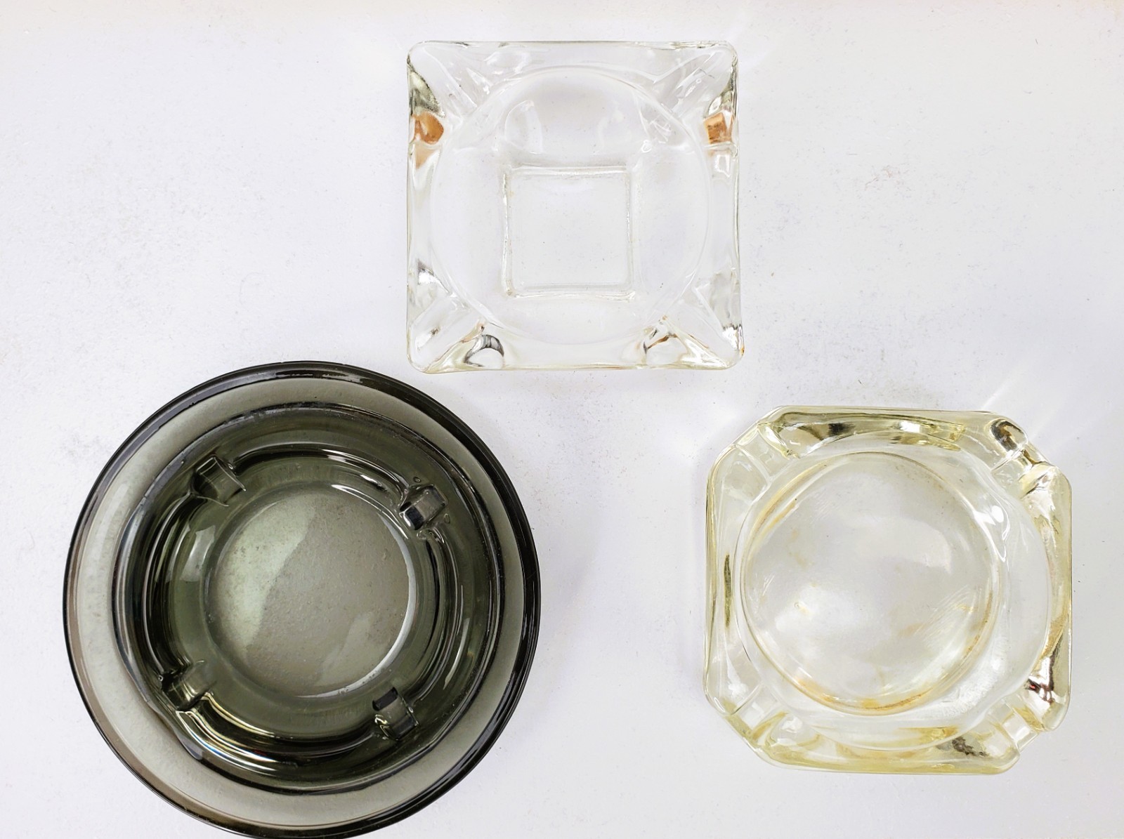 Vintage MCM Glass Ashtray Lot of 3 Round Smoked Amber Clear Square 1970s Retro