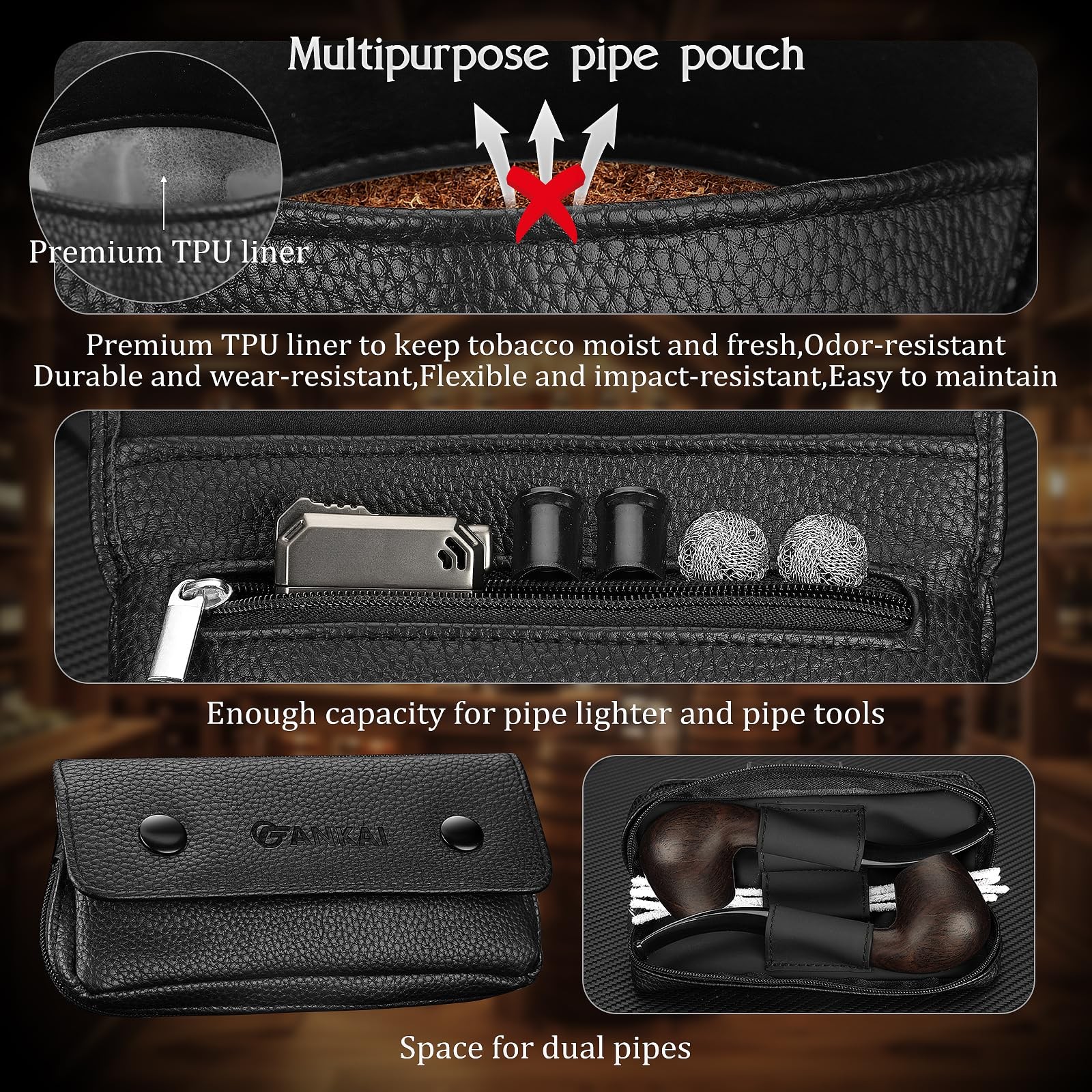 Pipe Set, Lighter, Pouch, Wood with 2 Filter Balls,2 Black