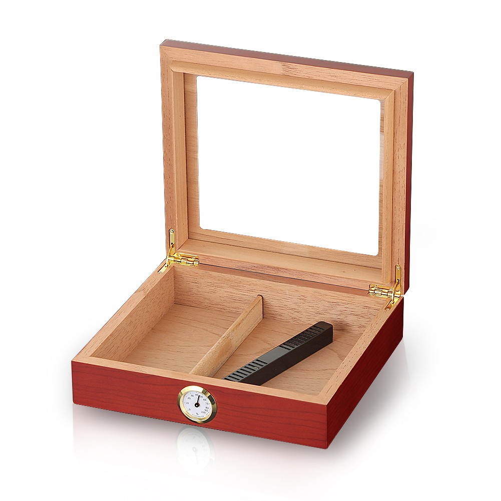 Red Holder 25 Cigar Humidor Storage Box Desktop Glasstop Humidifier Hygrometer