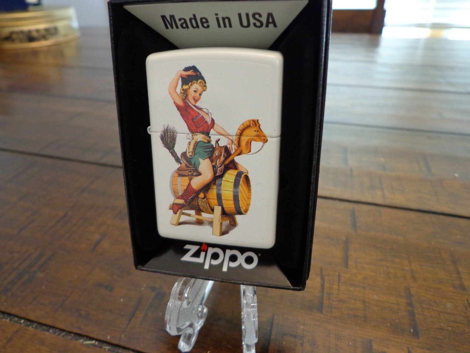 PINUP GIRL COSSACK GIRL RIDING WOODEN BARREL HORSE ZIPPO LIGHTER MINT IN BOX