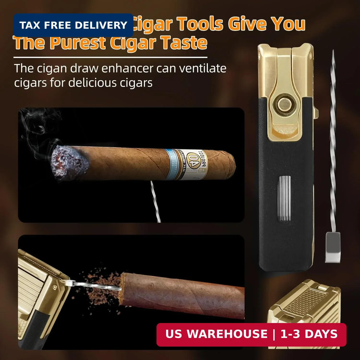 5-in-1 Cigar Torch Lighter, Double Jet Flame Butane Lighter with V-Cutter.