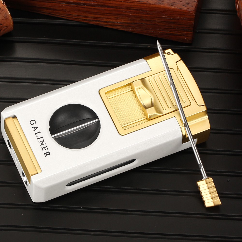 Galiner Butane 2 Jet Flame Torch Lighter Punch Cigar V-cut Holder Needle White
